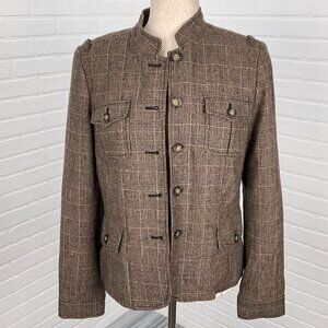Banana Republic Jacket Women 8/35 Brown Tan Prince Edward Plaid Military Wool‎